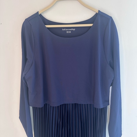 Soft Surroundings Cassandra Midi Dress Pleated Satin Skirt Navy Blue Large P - Picture 5 of 12